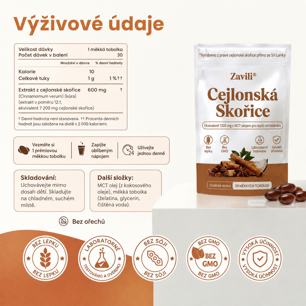 ZAVILI® Cejlonská skořice 12:1 s MCT olejem — 30 kapslí